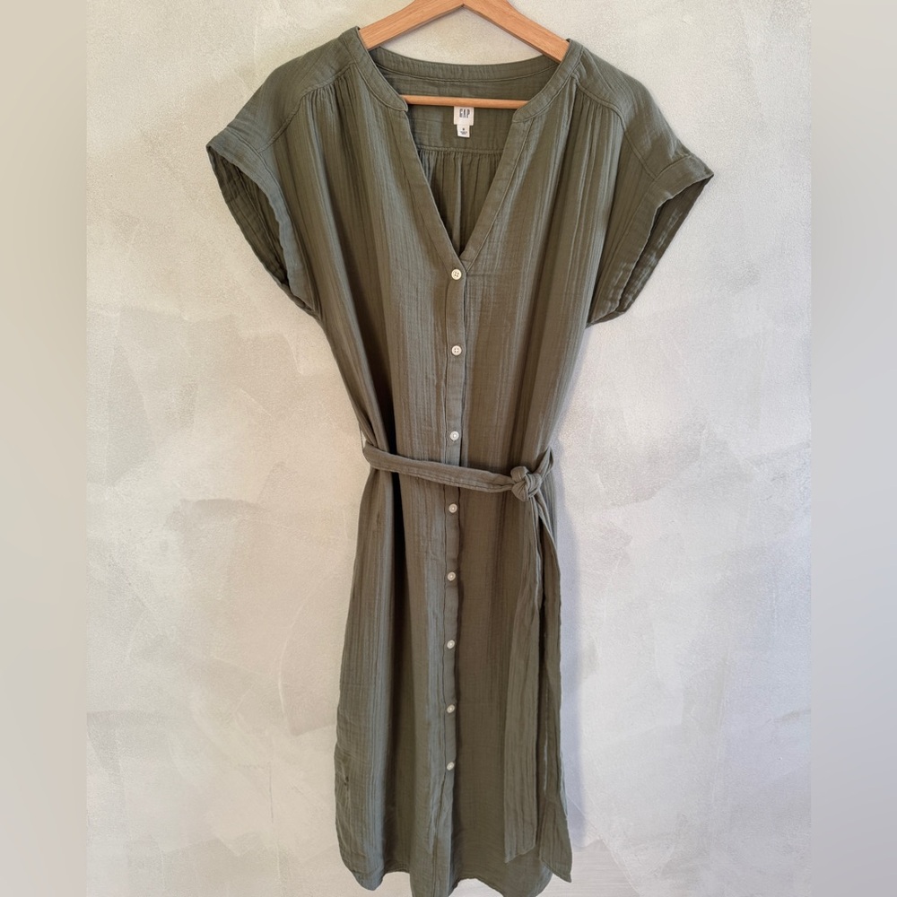 GAP - Sage Green Midi Gauze Dress with Tie Waist